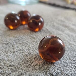 Vintage Amber Glass Shooter Marbles (4) – Translucent Root Beer – Mid-Century